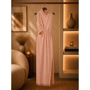 Baobab Mariah XL Copper Metallic Knit Cutout Twist Front Formal Gown Slit Luxe